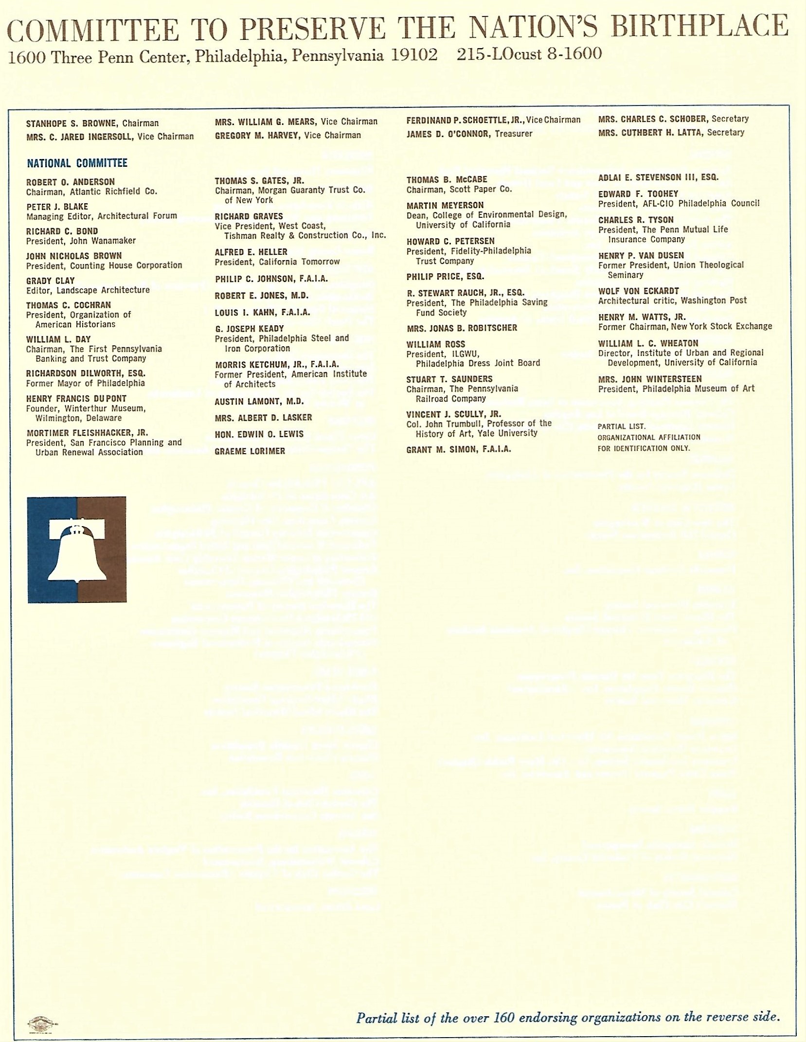 Letterhead showing influential support for the effort. The reverse lists 13 national organizations and others in 22 states and the District of Columbia, 160 in all