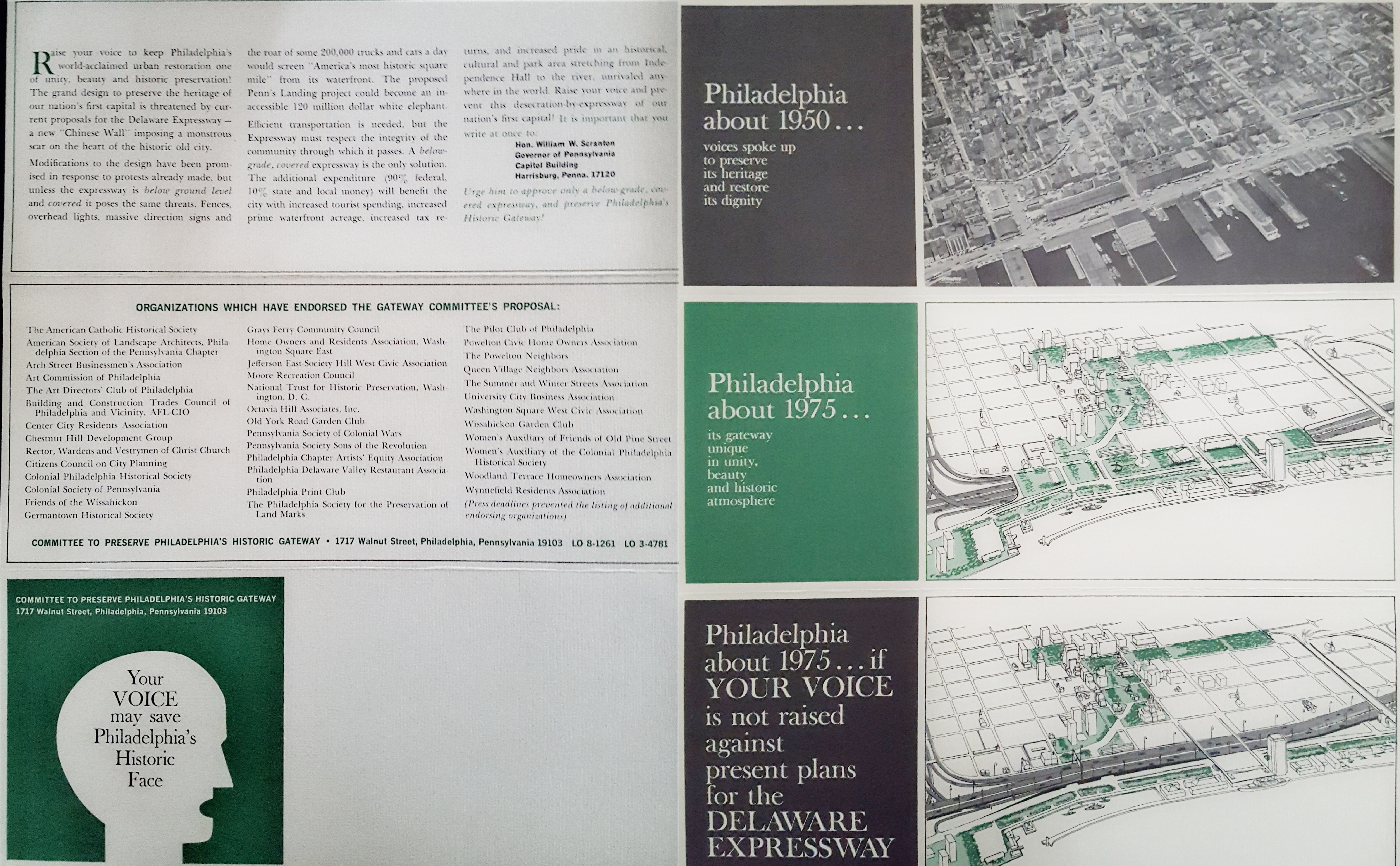 First Gateway Committee brochure showing (on the left) the case statement and supporting organizations and (on the right) the waterfront before redevelopment, the Architects Committee vision, and the State Highway Dept. vision.